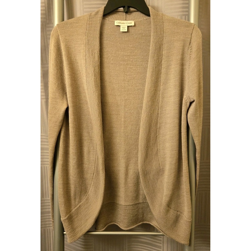 Coldwater Creek Cardigan Small Taupe Tan Open Front Long Sleeve Wool Sweater